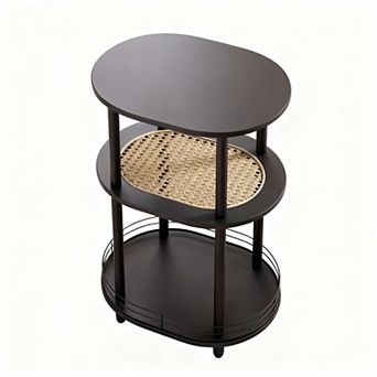 3 tier Oval Side Table with Woven Rattan Shelf & Hidden Storage