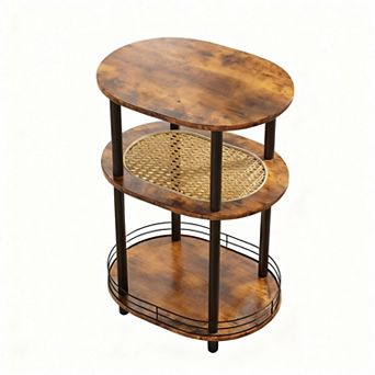 3 tier Oval Side Table with Woven Rattan Shelf & Hidden Storage