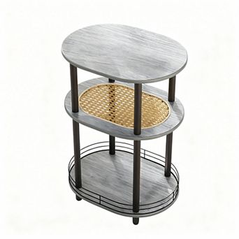 3 tier Oval Side Table with Woven Rattan Shelf & Hidden Storage