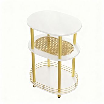 3 tier Oval Side Table with Woven Rattan Shelf & Hidden Storage
