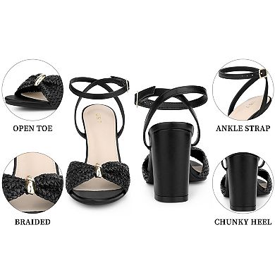 Women's Raffia Open Toe High Heel Ankle Strap Chunky Heel Sandals