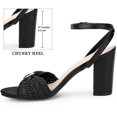 Women's Raffia Open Toe High Heel Ankle Strap Chunky Heel Sandals