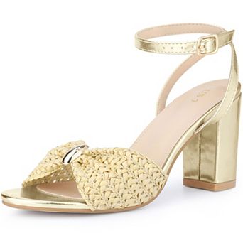 Women's Raffia Open Toe High Heel Ankle Strap Chunky Heel Sandals