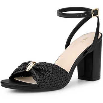 Women's Raffia Open Toe High Heel Ankle Strap Chunky Heel Sandals