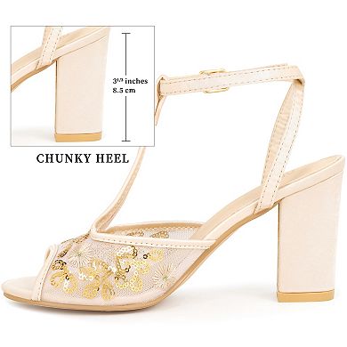 Women's Floral Embroidered Heels Mesh Chunky Heel Sandals