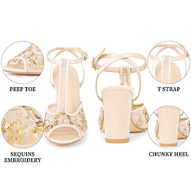 Women's Floral Embroidered Heels Mesh Chunky Heel Sandals