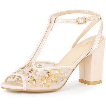 Women's Floral Embroidered Heels Mesh Chunky Heel Sandals