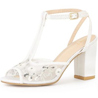 Women's Floral Embroidered Heels Mesh Chunky Heel Sandals