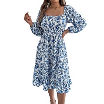 Women's Sqaure Neck Casual Floral Dress Long Sleeve Printed Maxi Dress Ruffle Shirred Flowy Dress