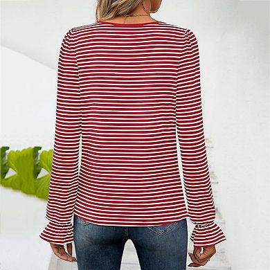 Womens Casual Square Neck T Shirts Blouses Stretchy Ruffle Trim Long Sleeve Pullover Tops