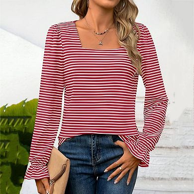Womens Casual Square Neck T Shirts Blouses Stretchy Ruffle Trim Long Sleeve Pullover Tops