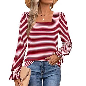 Womens Casual Square Neck T Shirts Blouses Stretchy Ruffle Trim Long Sleeve Pullover Tops