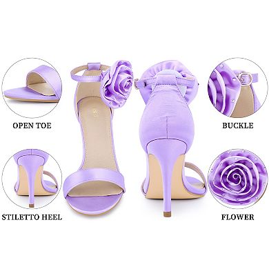 Women's Floral Ankle Strap Heels Satin Stiletto Heel Sandals