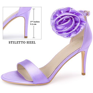 Women's Floral Ankle Strap Heels Satin Stiletto Heel Sandals