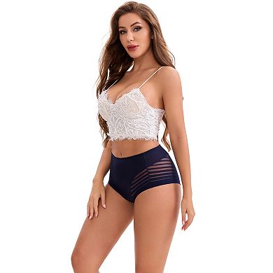 Women's High-Waisted Hollow Lace Mesh Underwear Full Coverage Seamless Breathable Cotton Briefs