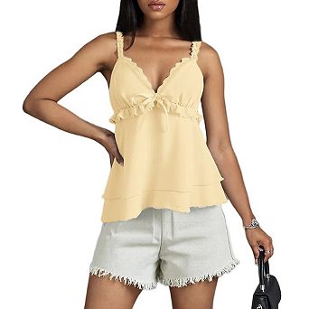 Women's Lace Detail Layered Cami Tank Top with Bow and Frill Trim for Casual Wear Everyday Top