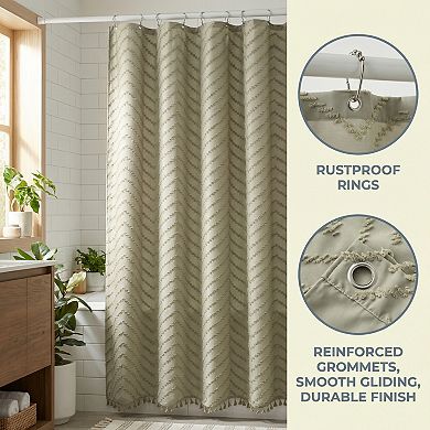 Boho Farmhouse 3D Wavy Striped Shower Curtain Sets with Tassel, 12 Hooks, Water Repellent Fabric