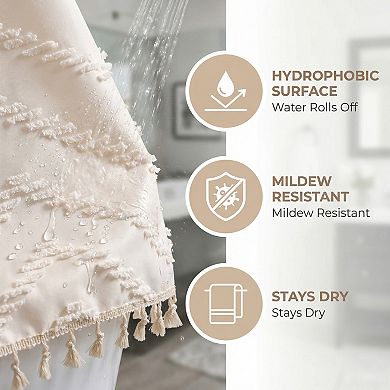 Boho Farmhouse 3D Wavy Striped Shower Curtain Sets with Tassel, 12 Hooks, Water Repellent Fabric