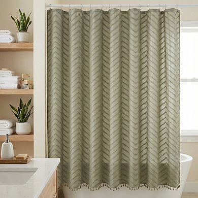 Boho Farmhouse 3D Wavy Striped Shower Curtain Sets with Tassel, 12 Hooks, Water Repellent Fabric