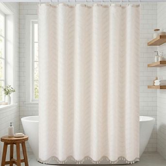 Boho Farmhouse 3D Wavy Striped Shower Curtain Sets with Tassel, 12 Hooks, Water Repellent Fabric
