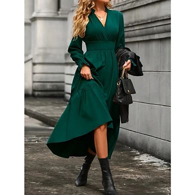 Women's Flattering Midi Dress Causal Office V Neck Long Sleeve Tiered Ruffle Hem Flowy Fit