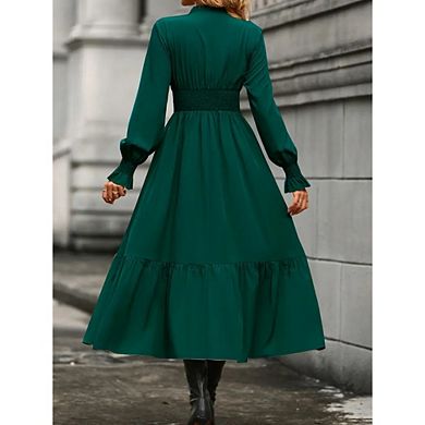 Women's Flattering Midi Dress Causal Office V Neck Long Sleeve Tiered Ruffle Hem Flowy Fit
