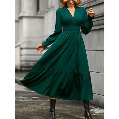 Women's Flattering Midi Dress Causal Office V Neck Long Sleeve Tiered Ruffle Hem Flowy Fit
