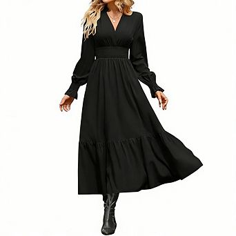 Women's Flattering Midi Dress Causal Office V Neck Long Sleeve Tiered Ruffle Hem Flowy Fit