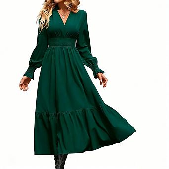 Women's Flattering Midi Dress Causal Office V Neck Long Sleeve Tiered Ruffle Hem Flowy Fit