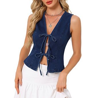 Denim Vest Top for Women V Neck Tie Front Sleeveless Waistcoat Jean Vests