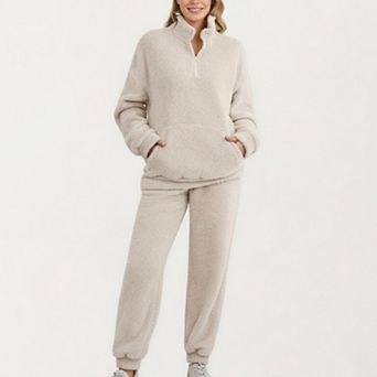 Women's 2 pc Set Plush High Pile Fleece Pullover with Quarter Zip Collar