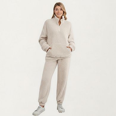 Women's 2-Piece Set Plush High Pile Fleece Pullover with Quarter Zip Collar