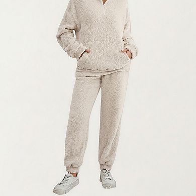Women's 2-Piece Set Plush High Pile Fleece Pullover with Quarter Zip Collar