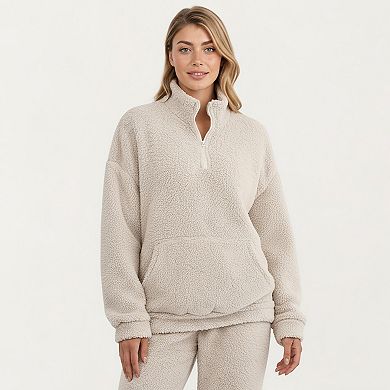 Women's 2-Piece Set Plush High Pile Fleece Pullover with Quarter Zip Collar