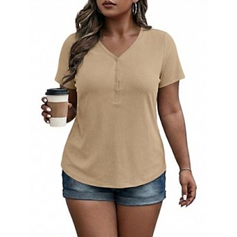 Women's Plus Size Ribbed Henley T-Shirt with V-Neck Curved Hem Casual Short Sleeve Tops