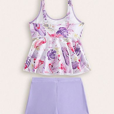 Girls' 8-12 Years 2-Piece Tankini Set, Print Peplum Top with Boy Shorts
