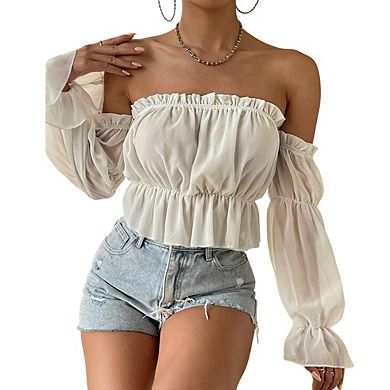 Women's Off Shoulder Ruffle Trim Long Sleeve Smocked Waist Chiffon Crop Top
