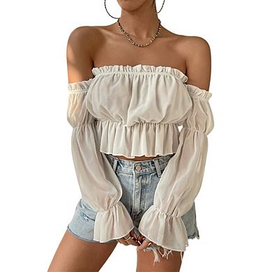 Women's Off Shoulder Ruffle Trim Long Sleeve Smocked Waist Chiffon Crop Top
