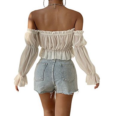 Women's Off Shoulder Ruffle Trim Long Sleeve Smocked Waist Chiffon Crop Top