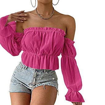 Women's Off Shoulder Ruffle Trim Long Sleeve Smocked Waist Chiffon Crop Top