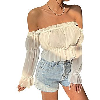 Women's Off Shoulder Ruffle Trim Long Sleeve Smocked Waist Chiffon Crop Top