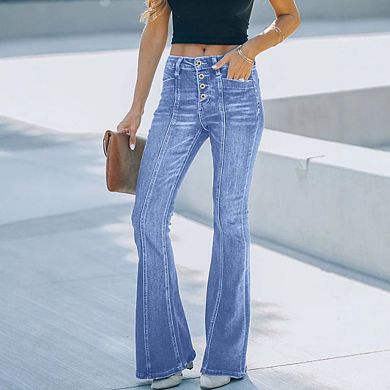 Women's High Waisted Jeans Wide Leg Button Fly Bell Bottoms Flared Zimbaplatinum Denim Pants