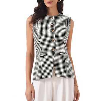 Plaid Suit Vest for Women's Gingham Sleeveless Office Crew Neck Blazer Business Waistcoat