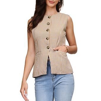 Plaid Suit Vest for Women's Gingham Sleeveless Office Crew Neck Blazer Business Waistcoat