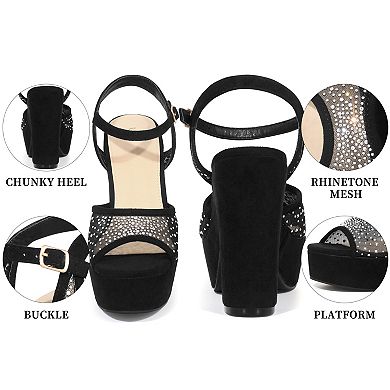 Women's Rhinestone Platform Heel Mesh Ankle Strap Chunky Heels Sandals