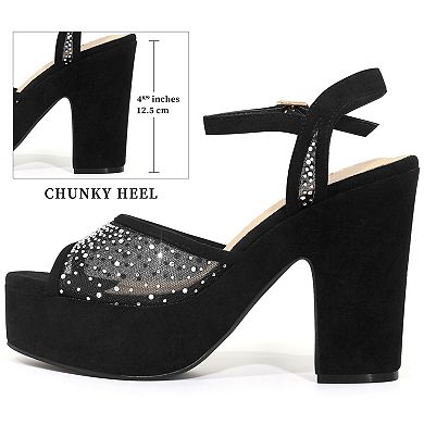 Women's Rhinestone Platform Heel Mesh Ankle Strap Chunky Heels Sandals