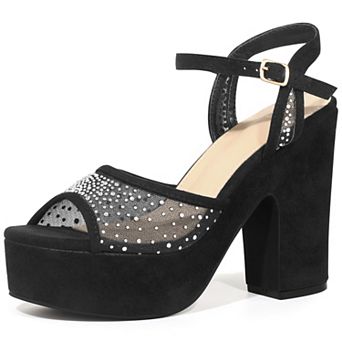 Women's Rhinestone Platform Heel Mesh Ankle Strap Chunky Heels Sandals