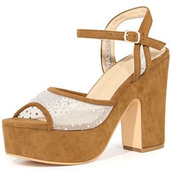 Women's Rhinestone Platform Heel Mesh Ankle Strap Chunky Heels Sandals