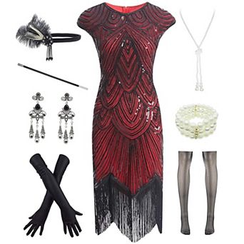Womens 1920s Gatsby Style Fringe Beaded Party Dress with Set