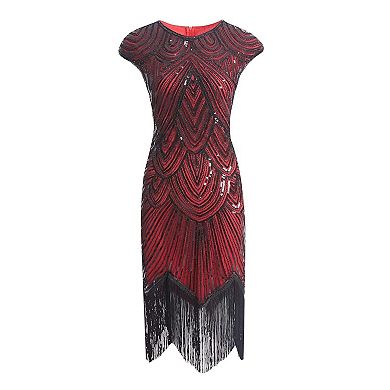 Womens 1920s Gatsby Style Fringe Beaded Party Dress with Set
